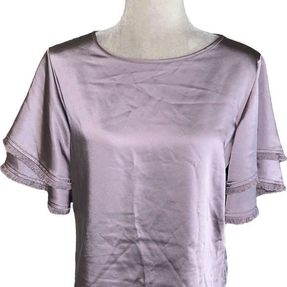 NWOT S’EDGE Light Purple Satin Double Fringe Flutter Sleeve Cropped Top - S - Picture 4 of 14